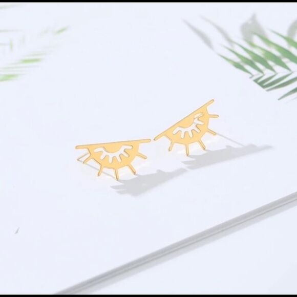 Gold Eyelash Stud Earrings Sun Ray Boho Evil Eye - Picture 3 of 7